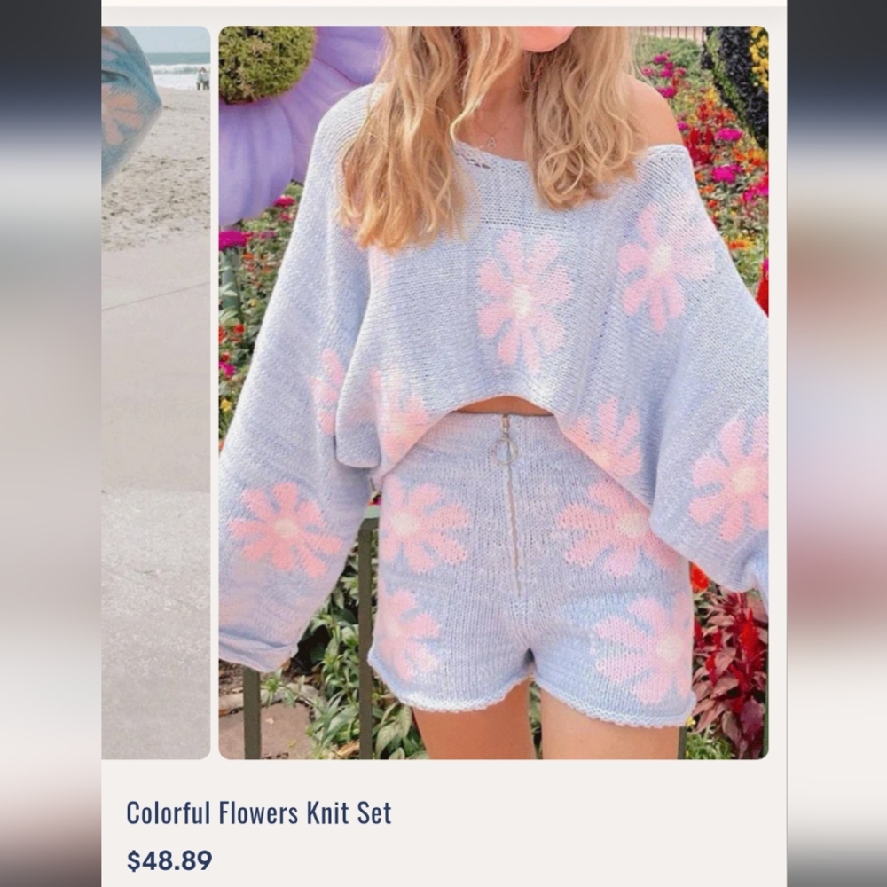 Floral knit pullover shorts set